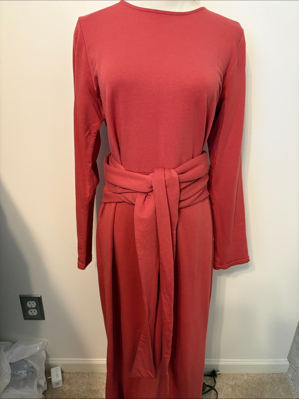 J. Jill Coral Long Sleeve Tie-Waist Midi  Dress NWT
